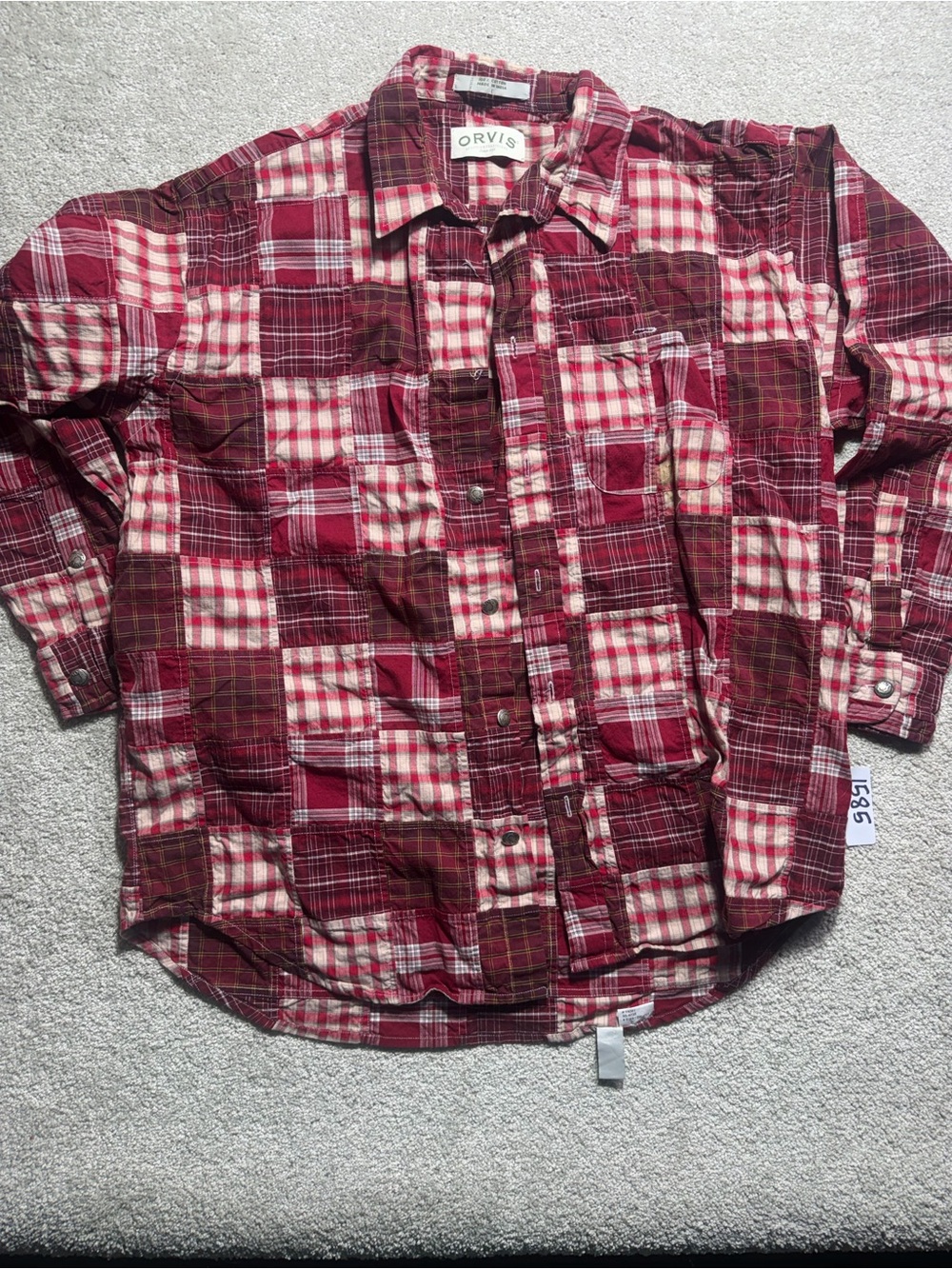 Orvis red burgundy patchwork men’s metal button up sz large long‎ sleeve
